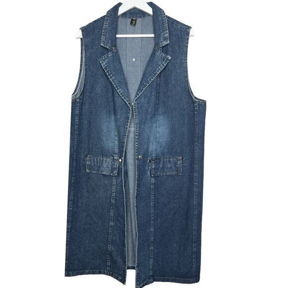 Vintage Longline Denim Vest Snap Front Notched‎ Collar Pockets - Picture 3 of 8
